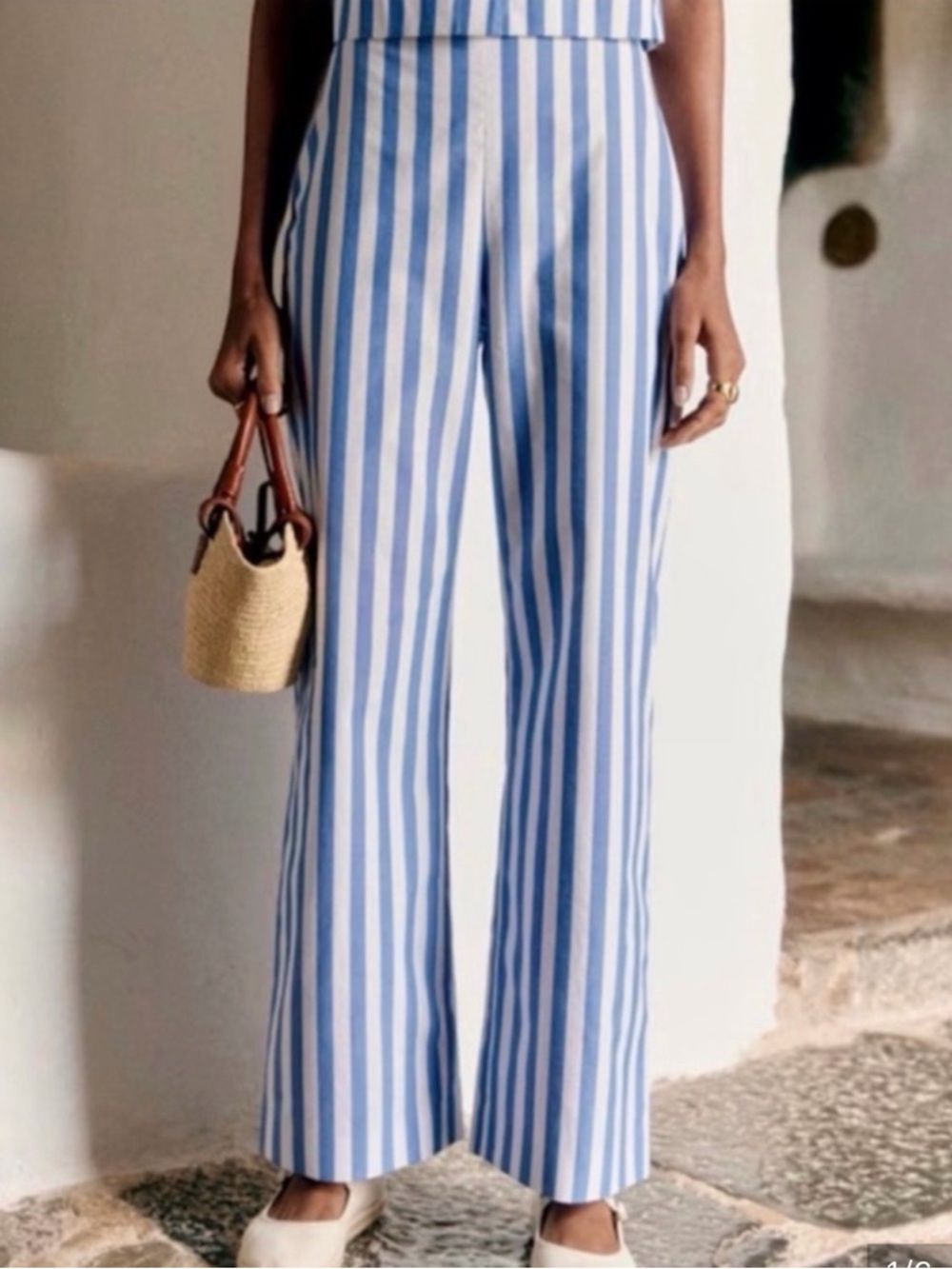 Sezane Fausto Striped Blue & Ecru White Wide Leg Pants US 8